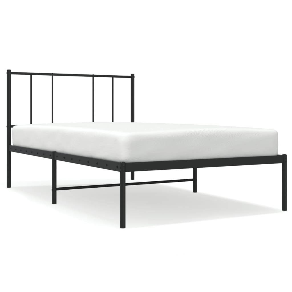 Metal bed frame with slatted base and headboard featuring dimensions for a bedroom