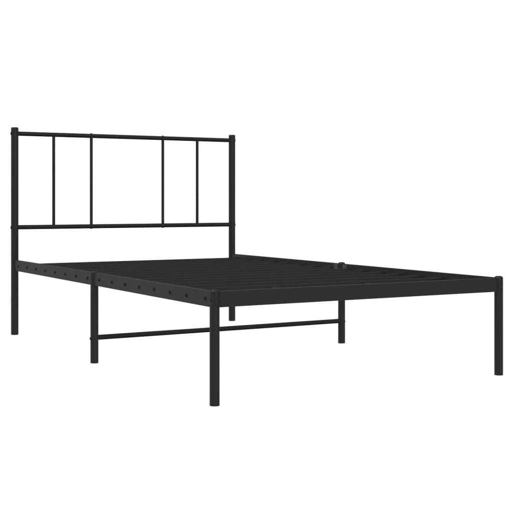 Minimalist black metal bed frame with a simple headboard and white mattress