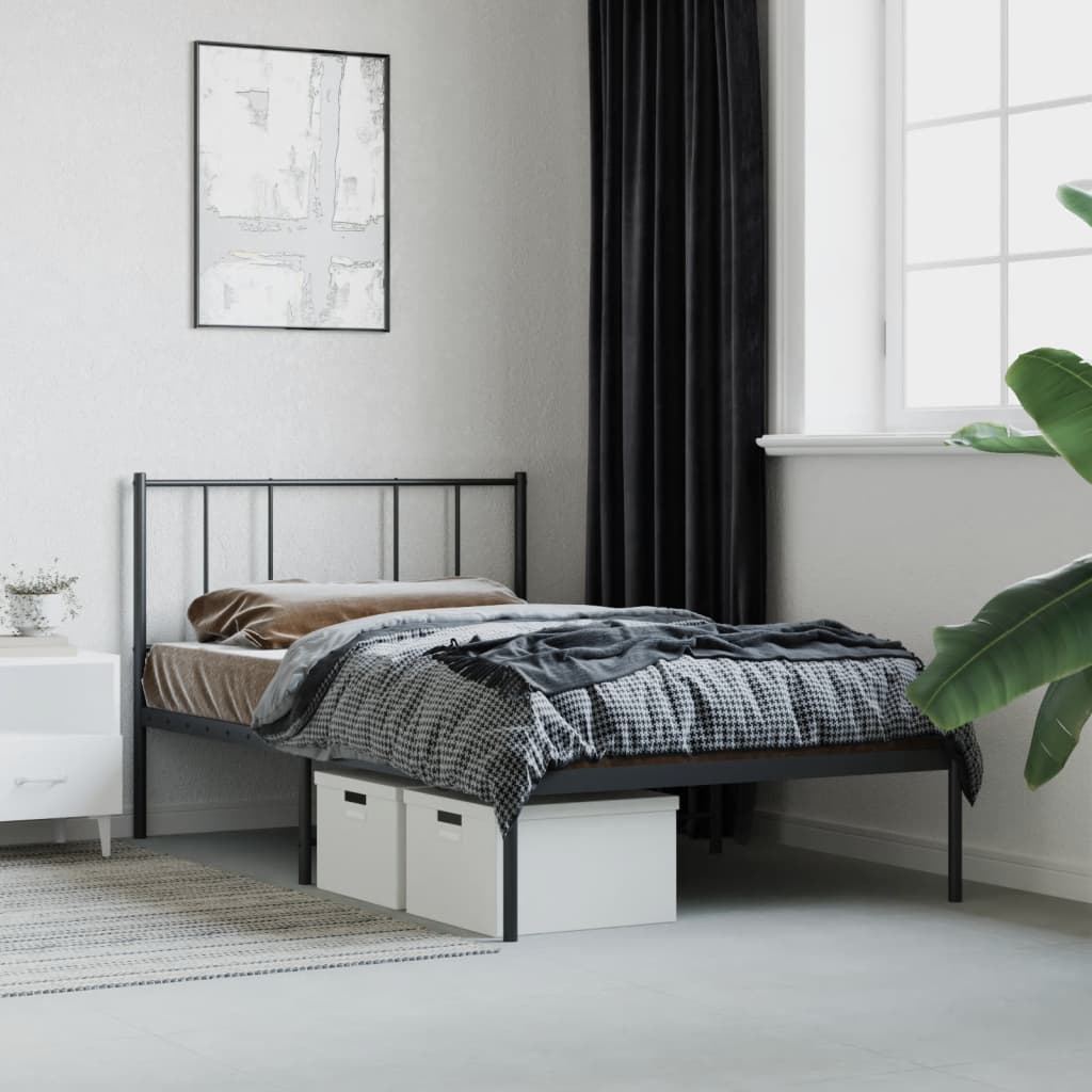 Black metal twin bed frame with a modern minimalist headboard