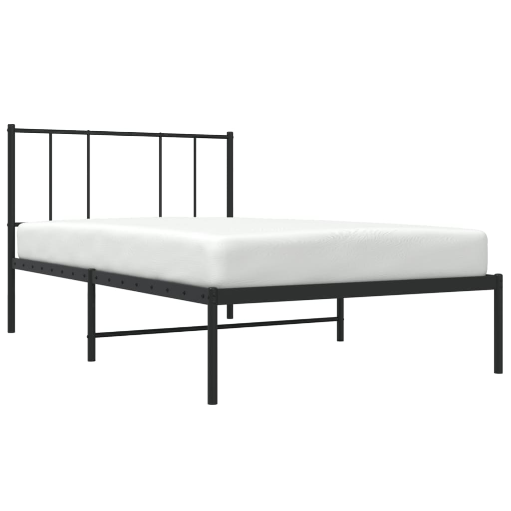 Modern black metal bed frame with a minimalist headboard