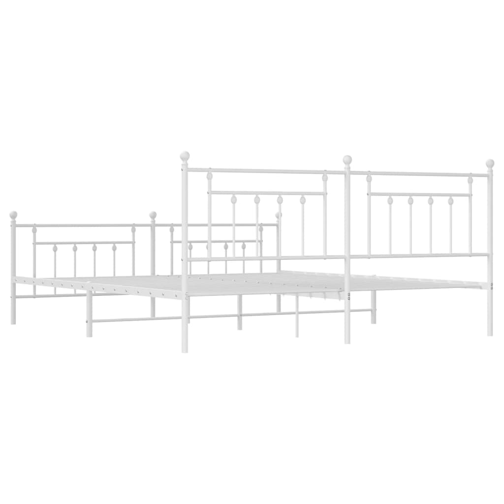 White metal bed frame with ornate headboard and footboard