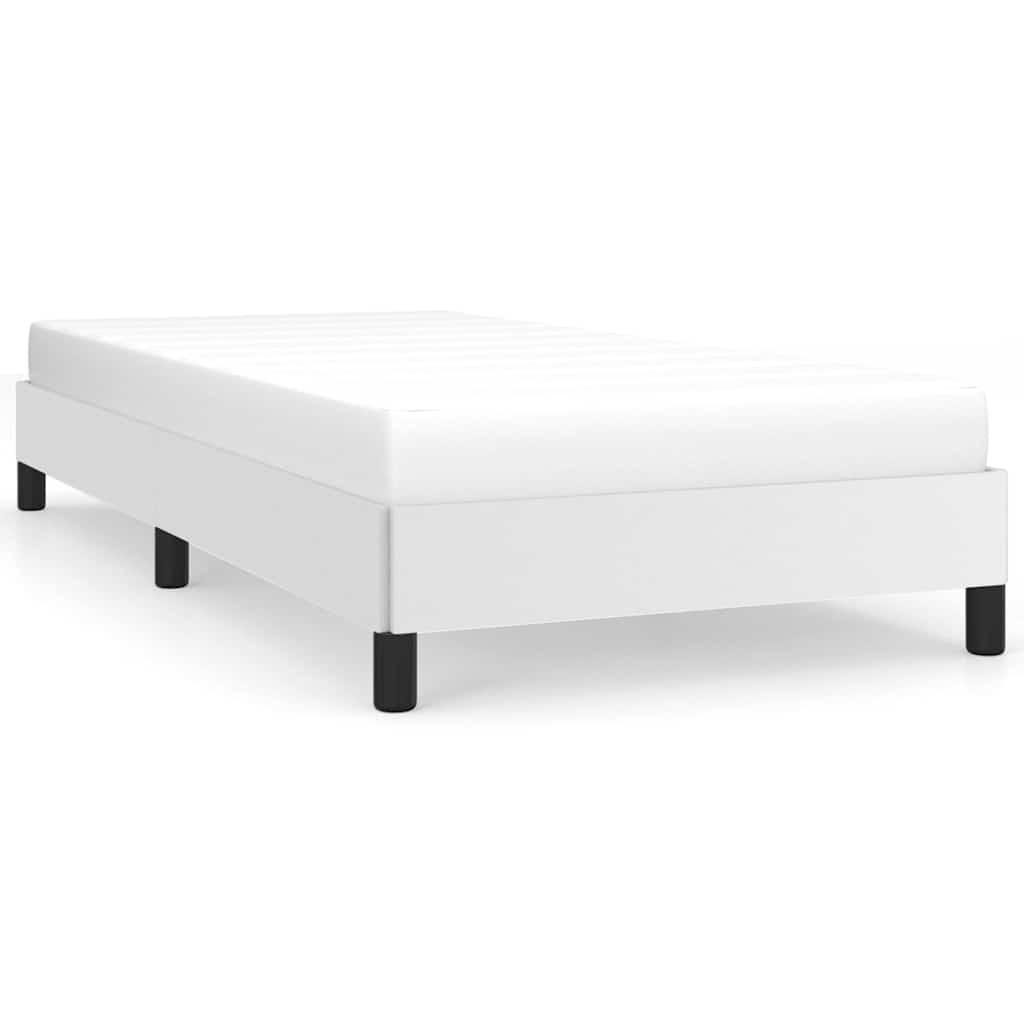 White wooden bed frame with dimensions cm x cm