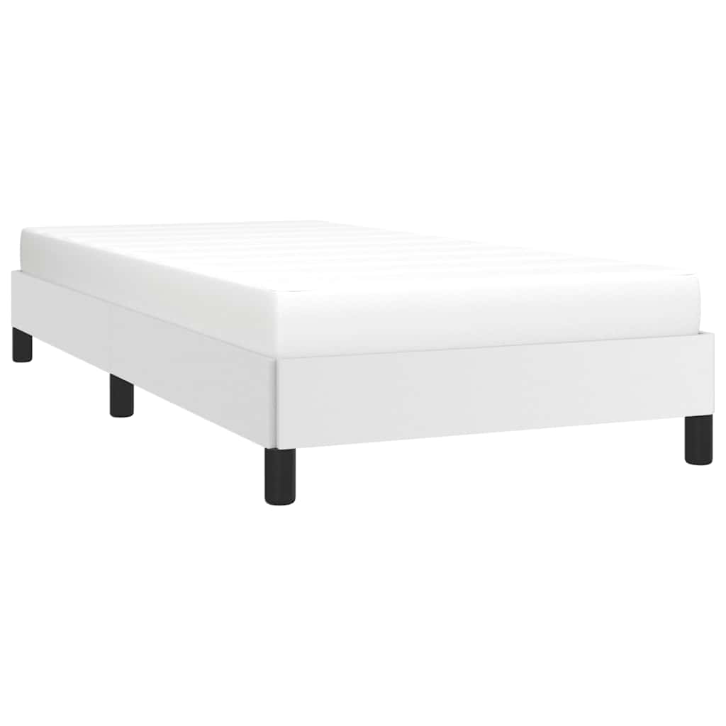 White upholstered twin bed frame with black legs