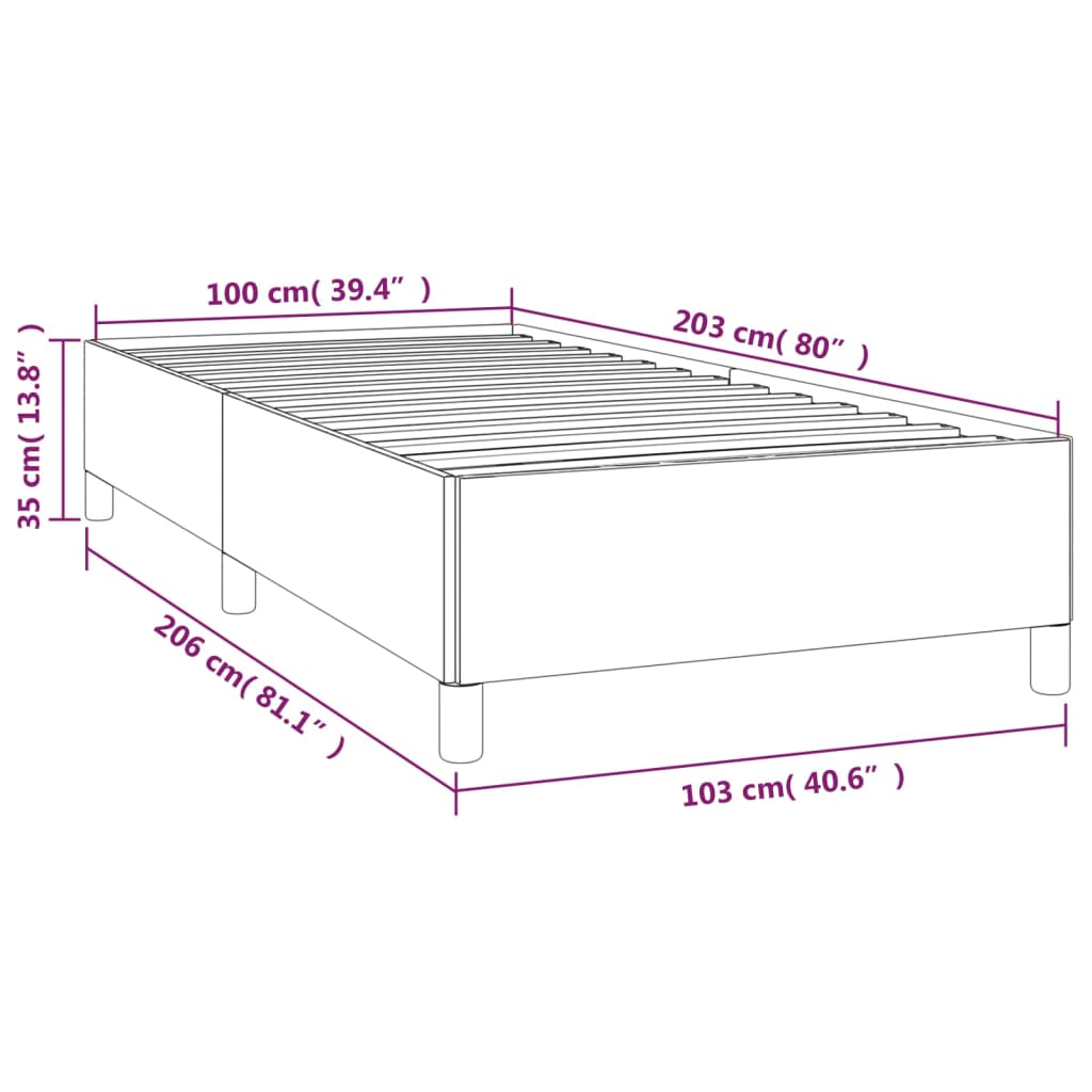 Closeup of grey fabric bed frame with gold legs and wooden slats
