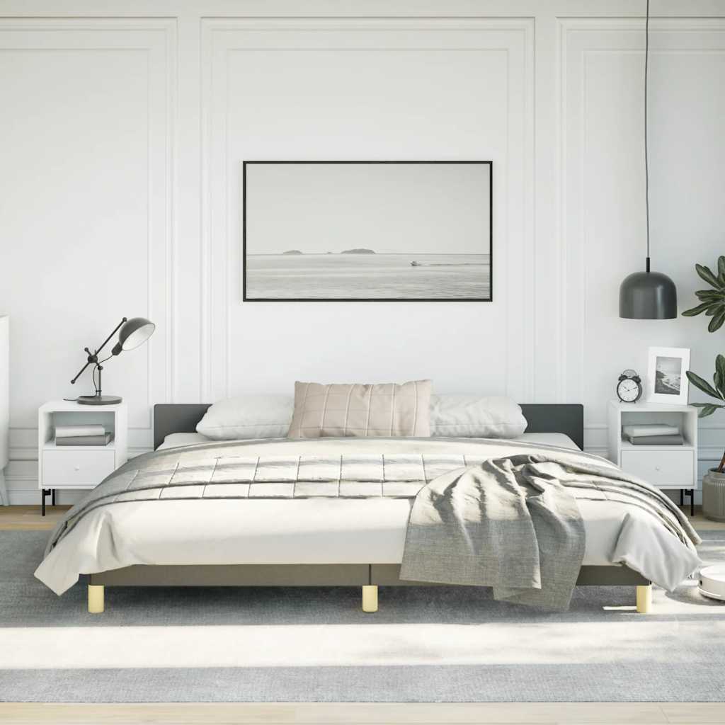 Modern platform bed frame in neutral gray with gold accents