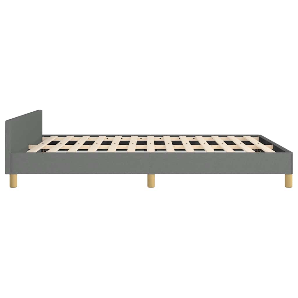 Modern grey upholstered platform bed frame with wooden slats