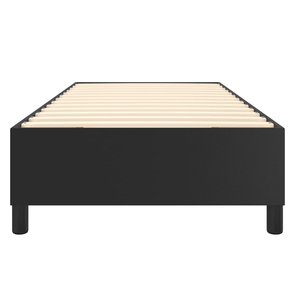 Black upholstered platform bed frame with wooden slats