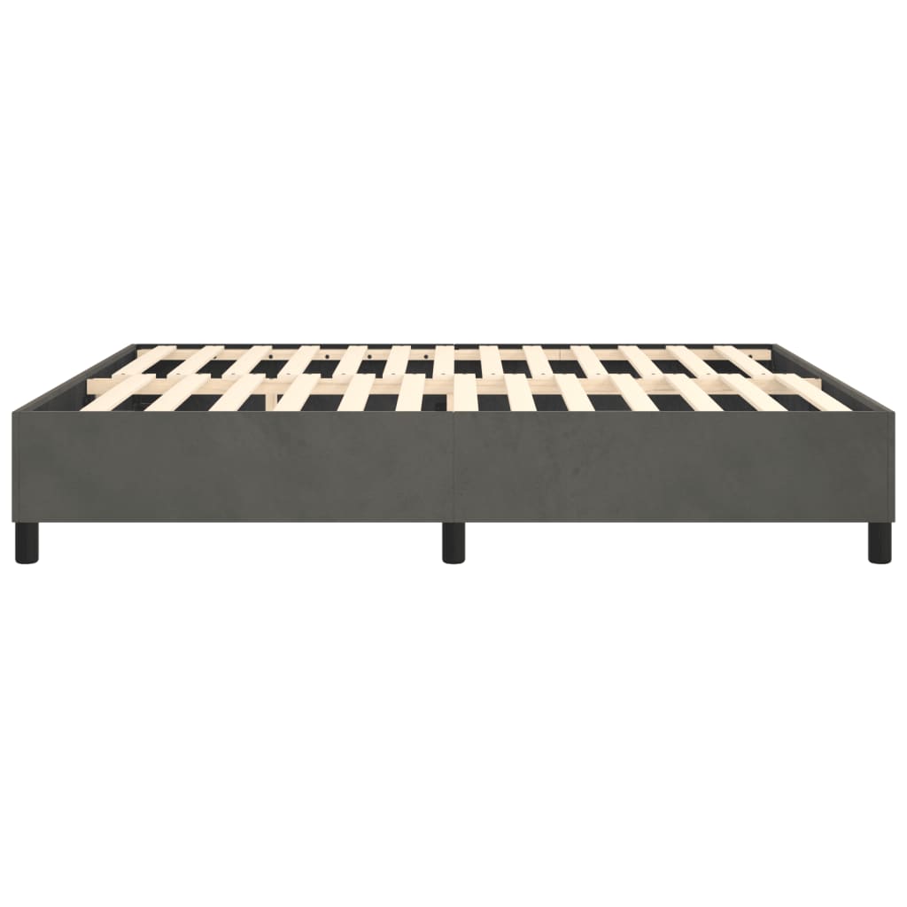 Modern platform bed frame in dark gray fabric with wooden slats