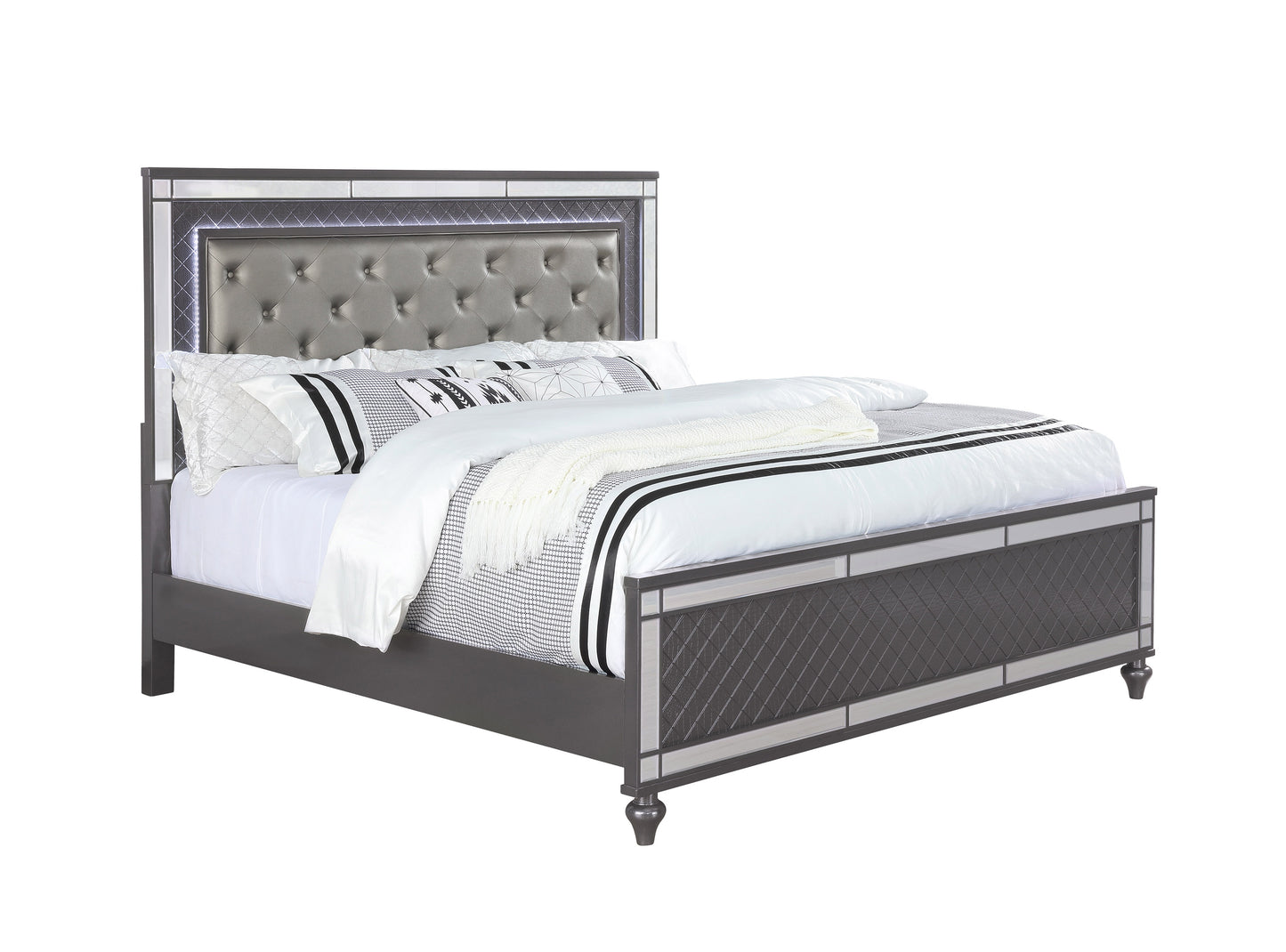 Gray tufted upholstered queen bed with LED lighting