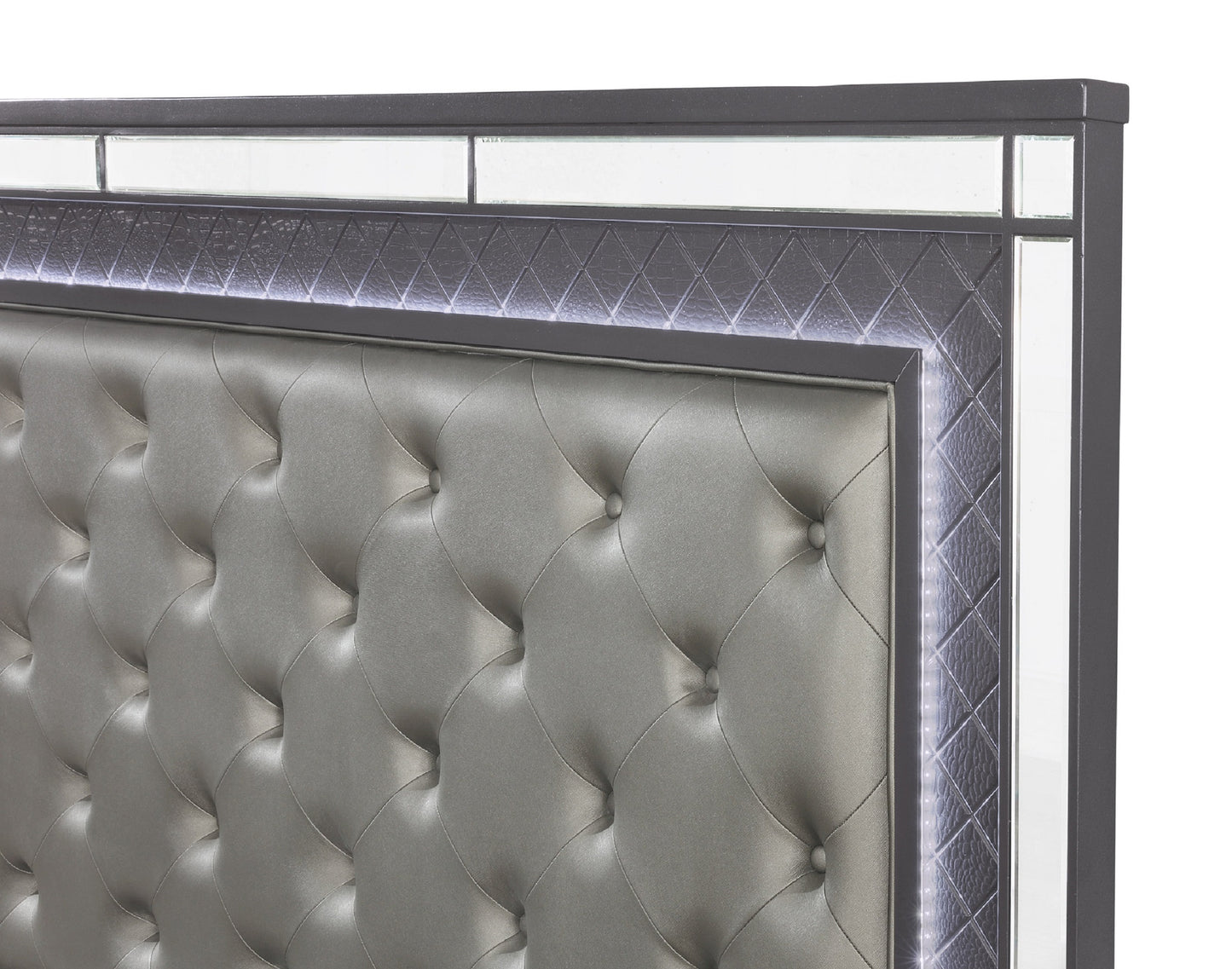 Silver tufted headboard with mirrored accents and LED lighting