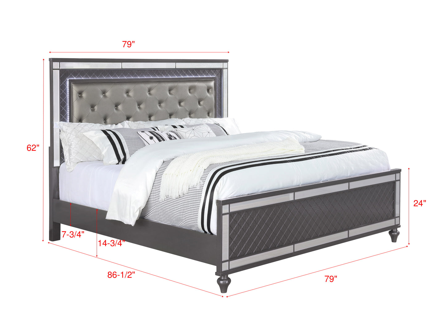 Tufted gray velvet king bed frame with mirrored accents and LED lighting