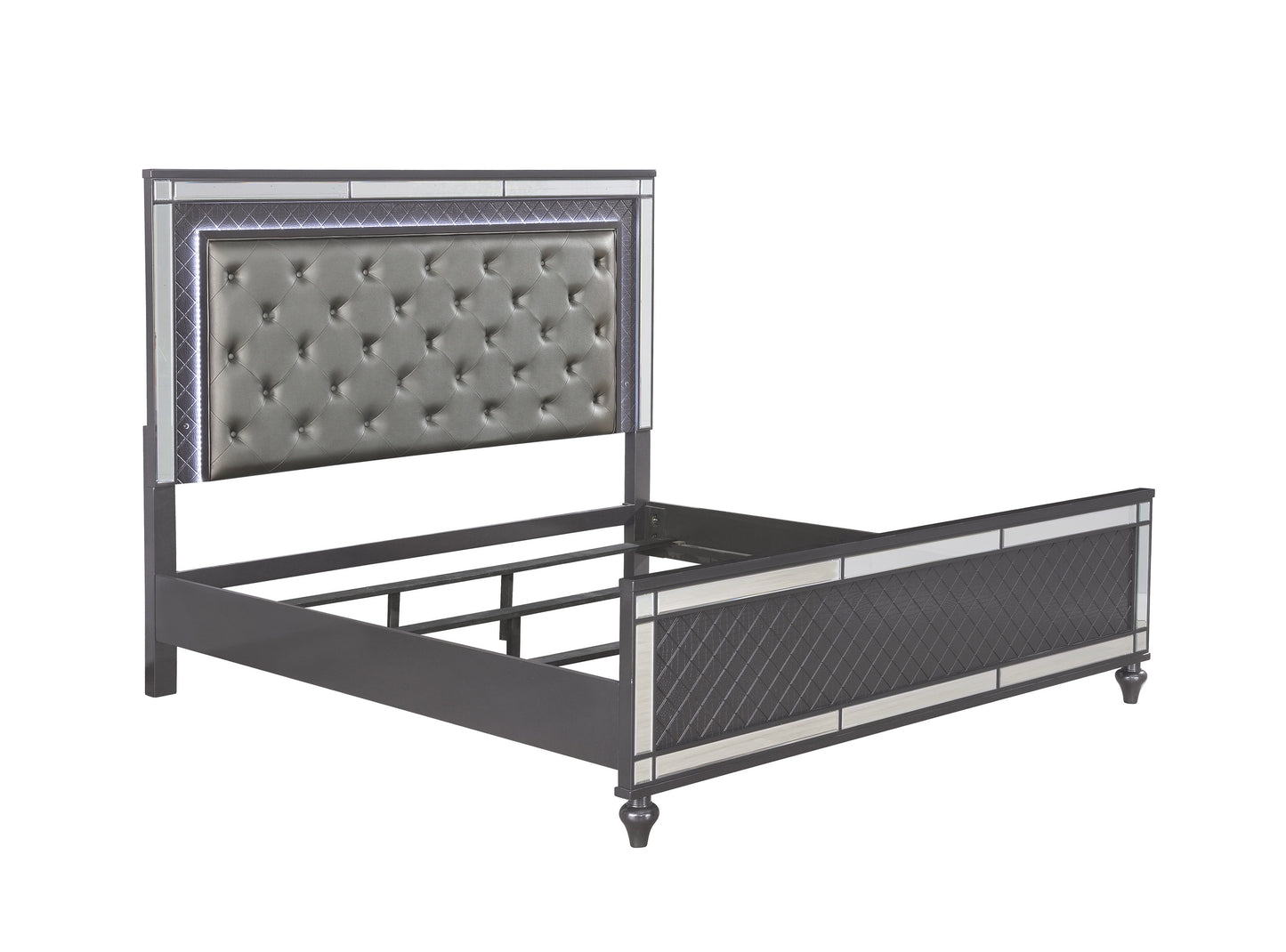 Gray upholstered tufted headboard on a modern platform bed frame with mirrored accents