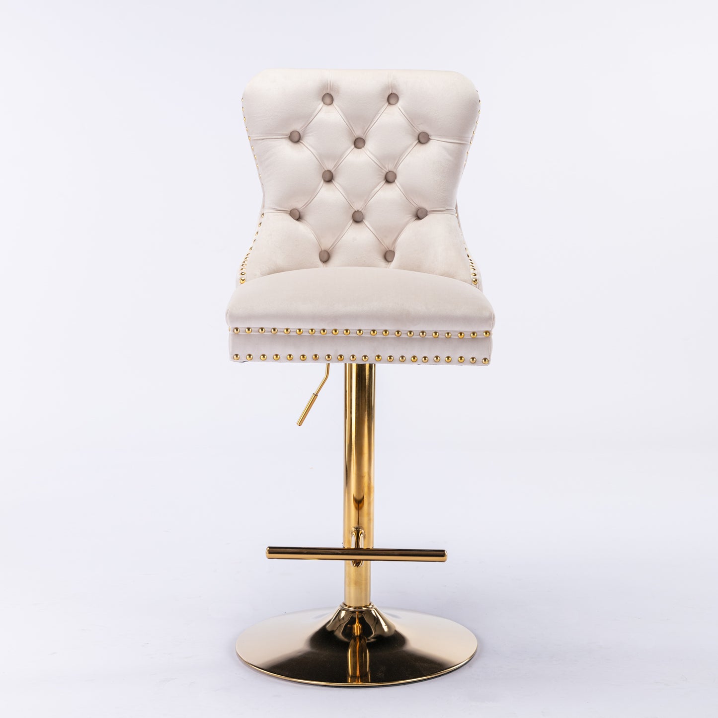 Cream velvet bar stool with tufted back and gold accents
