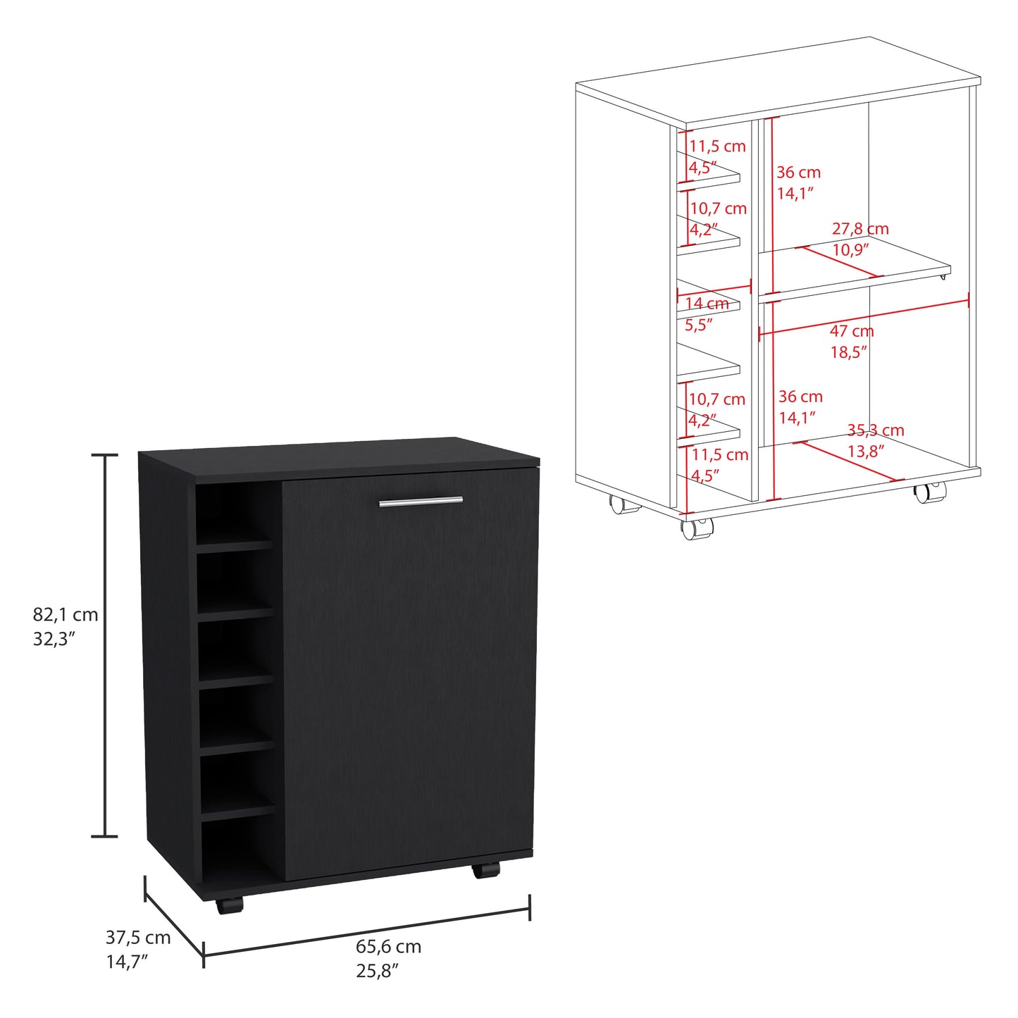 Black cabinet with shelves on the left and a door on the right