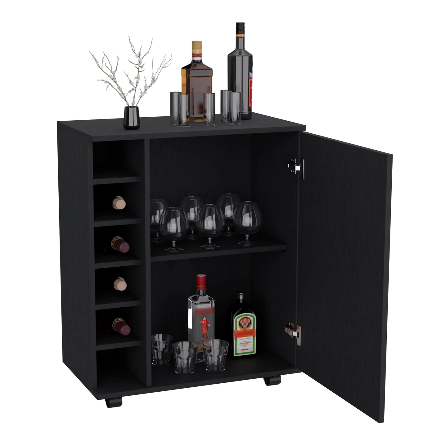 Black modern bar cabinet with wine rack and glassware