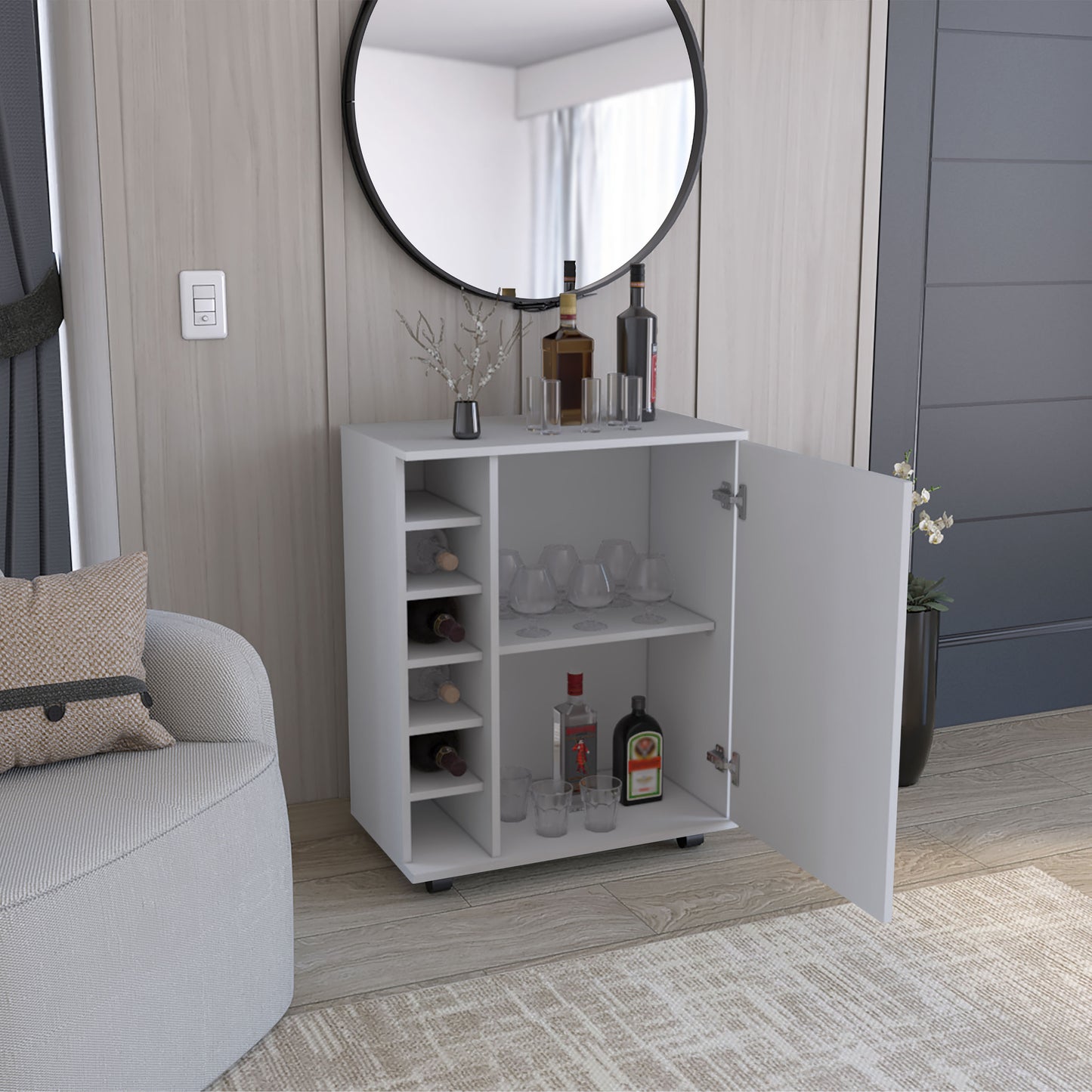 White bar cabinet with wine rack and glass storage