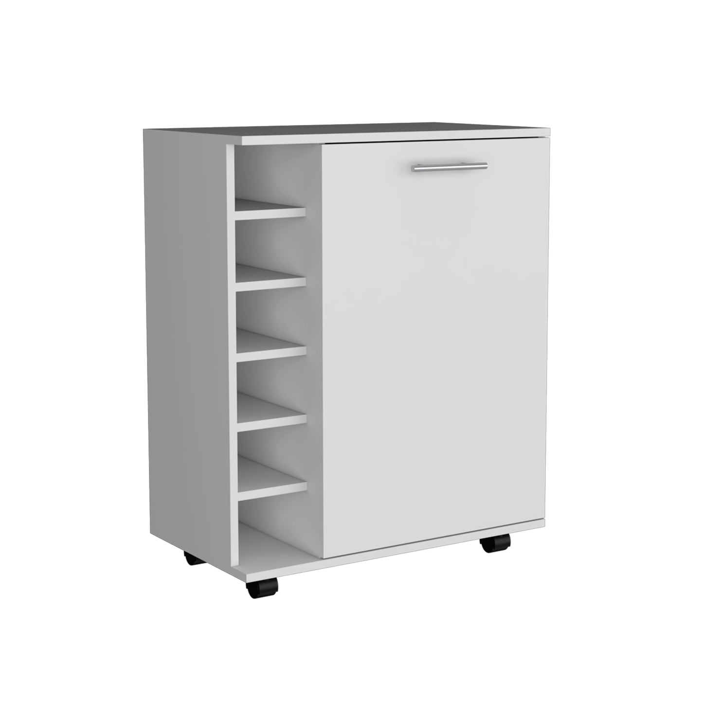 White modern rolling cabinet with open shelves