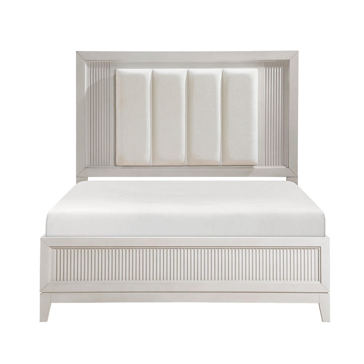 White upholstered bed frame with fluted headboard and footboard