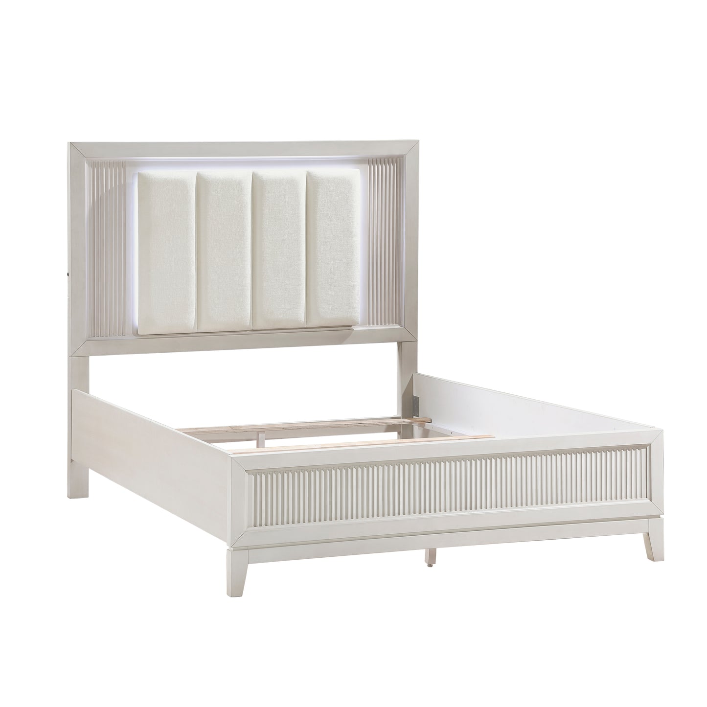 White modern bed frame with padded headboard and LED lighting