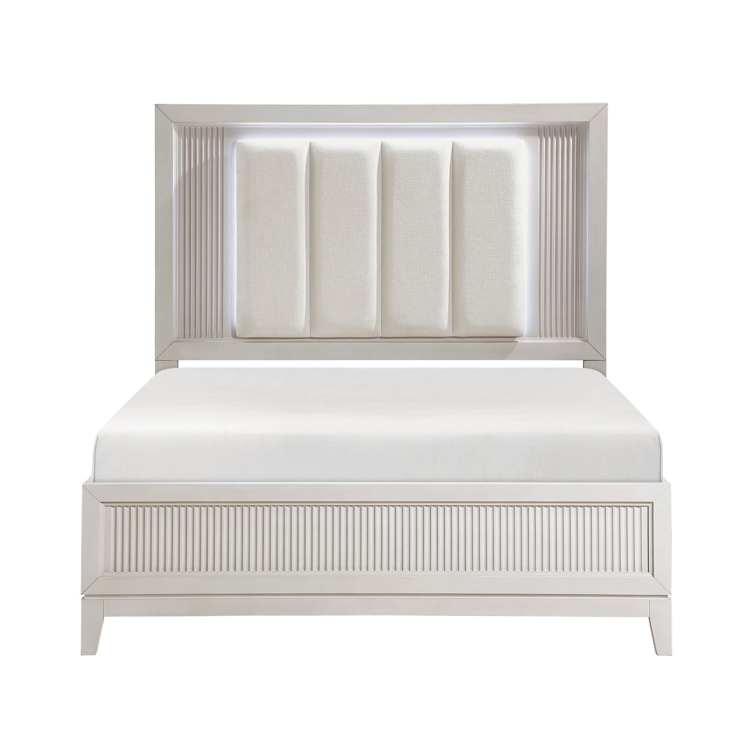 Modern grey wood platform bed with upholstered headboard and builtin LED lighting