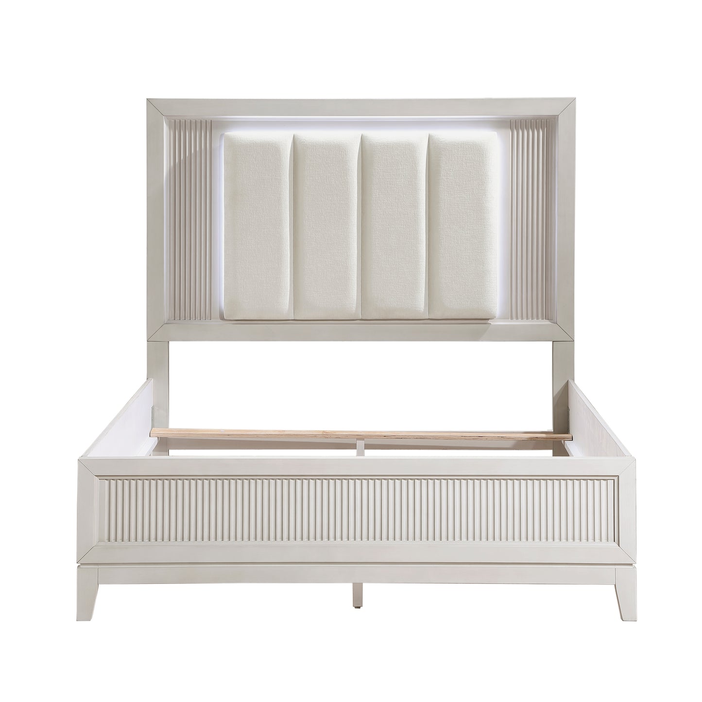 Cream upholstered modern bed frame with fluted details