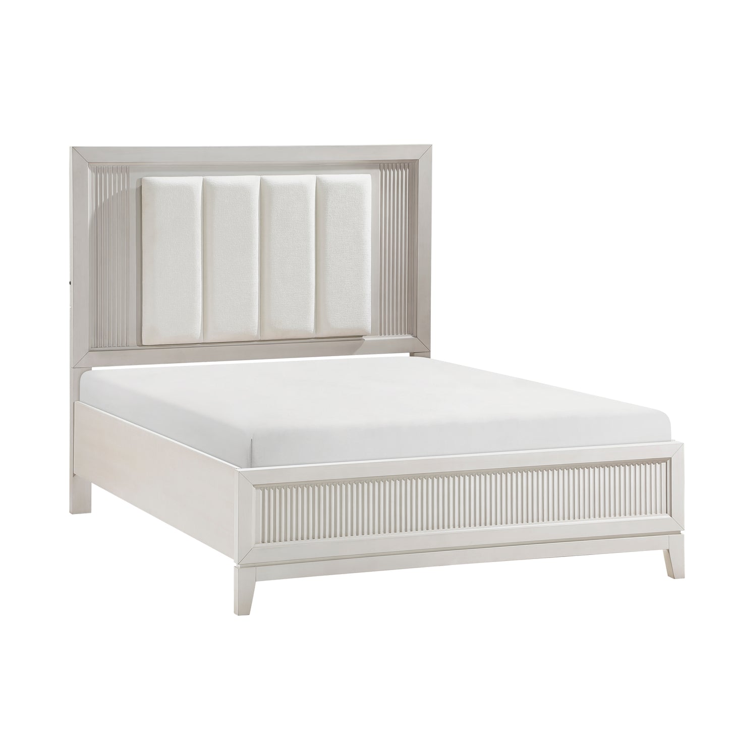 Modern white upholstered panel bed frame with ribbed details
