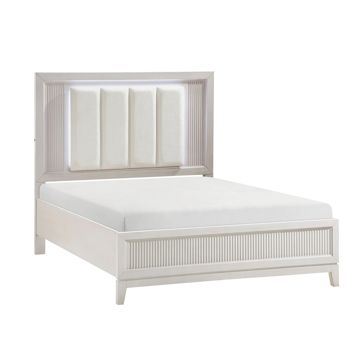 Modern white platform bed with upholstered headboard