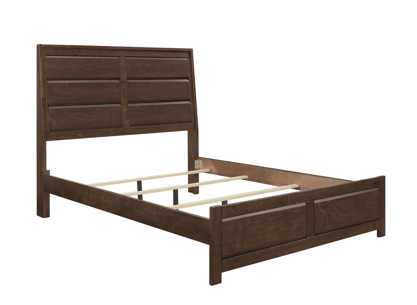 Dark brown wooden twin bed frame with horizontal slatted headboard and footboard