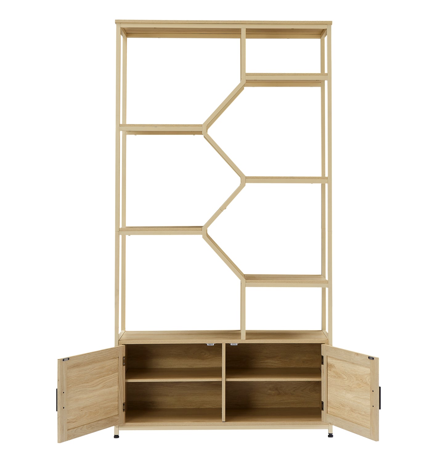 Open wooden doors on a midcentury modern bookshelf with geometric shelves