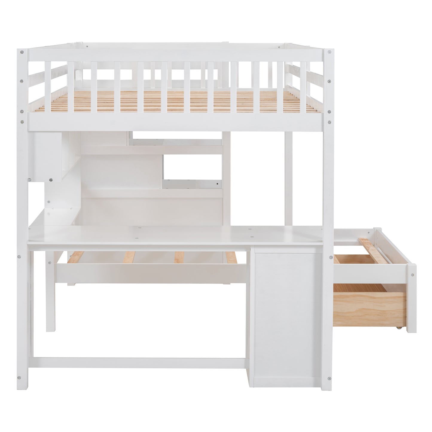 White wooden loft bed with integrated desk and stairs