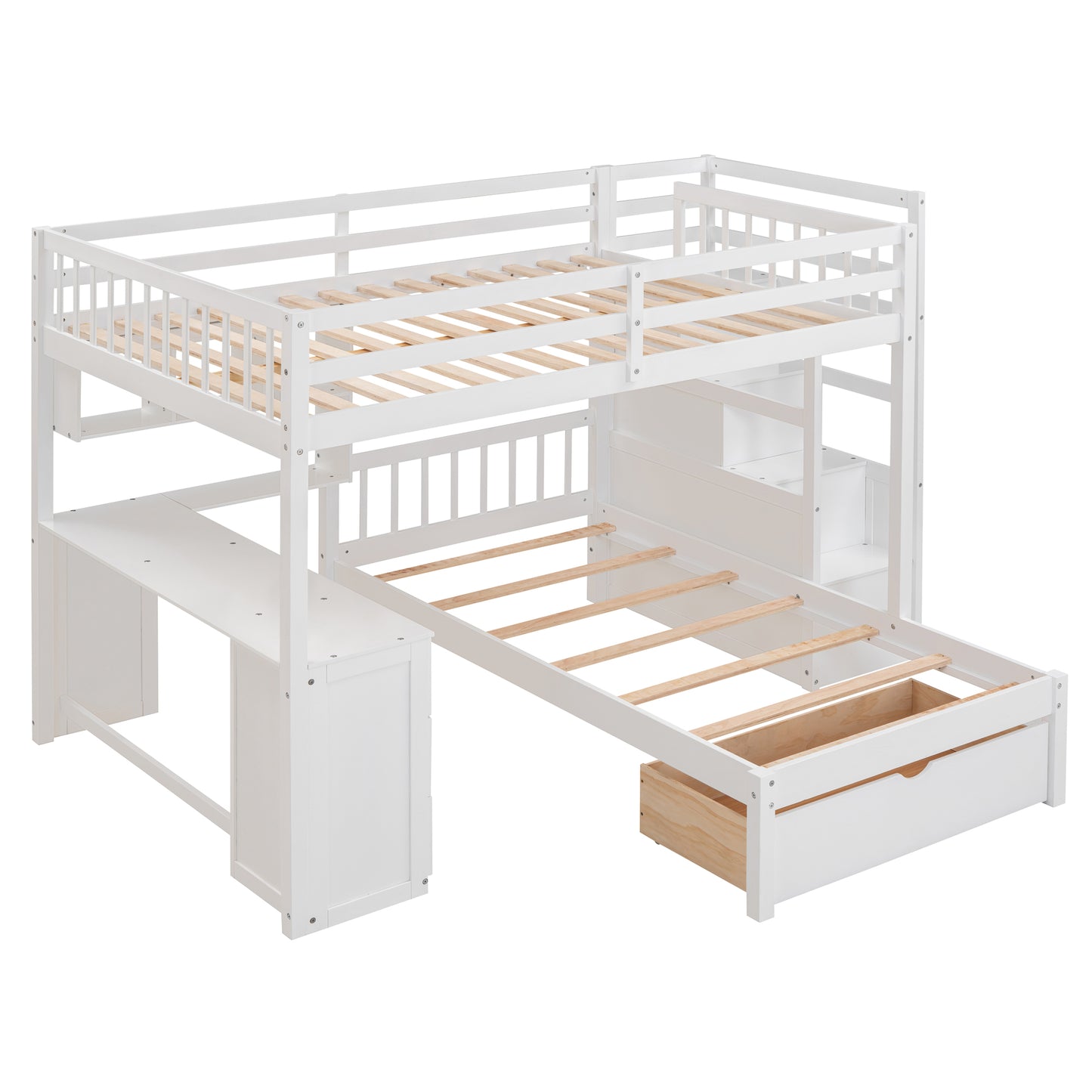 White wooden loft bed with integrated desk and pullout bed