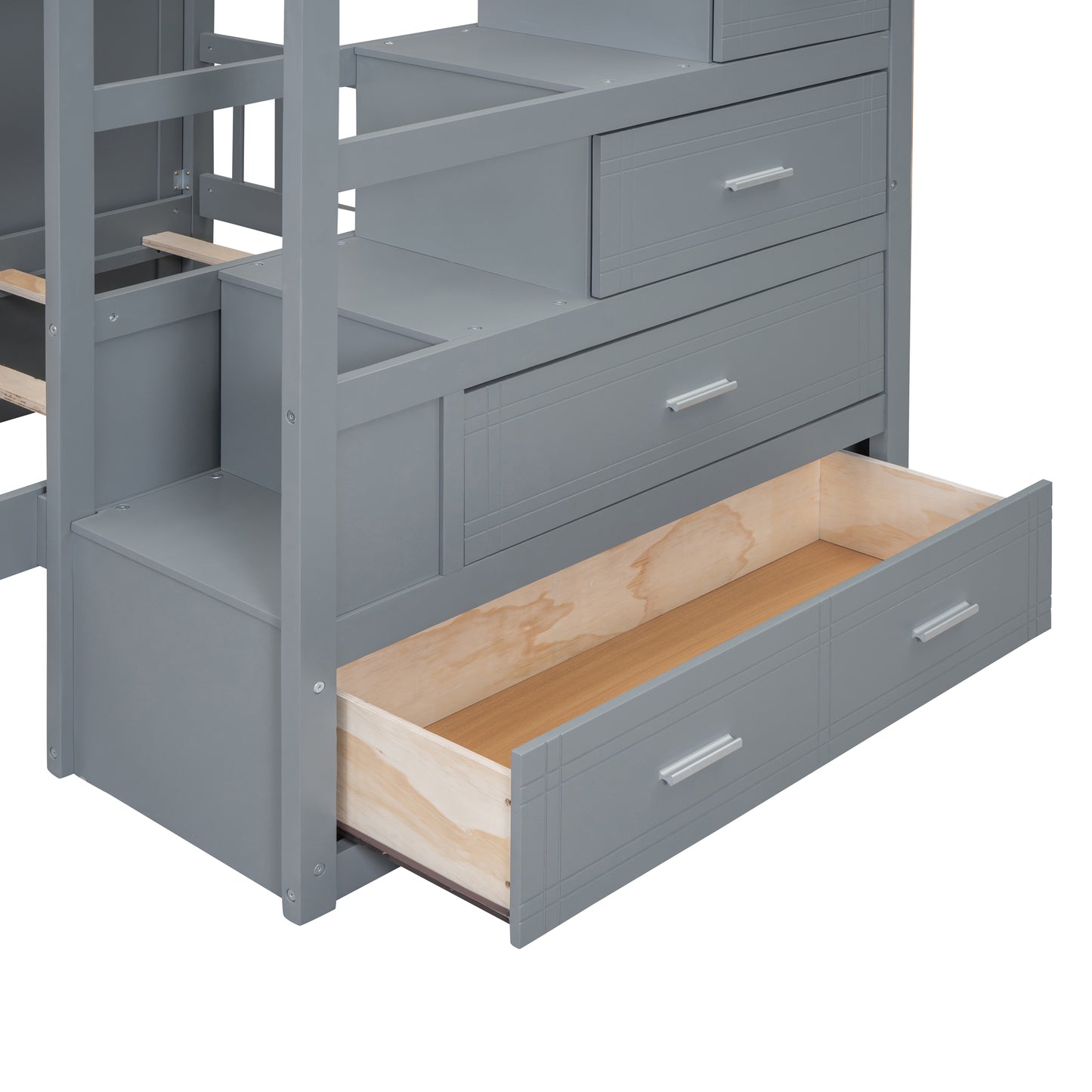 Gray wooden loft bed with integrated stairs and open drawer