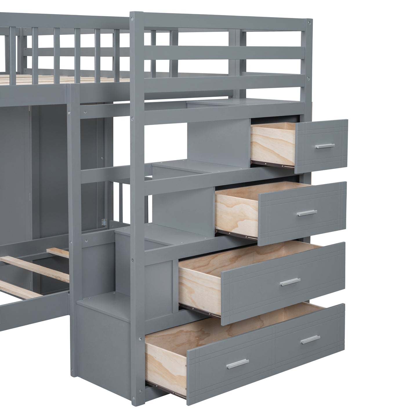 Gray loft bed with stairs and drawers