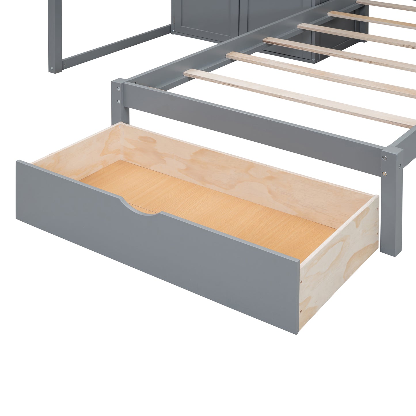 Gray wooden bed frame with an open storage drawer