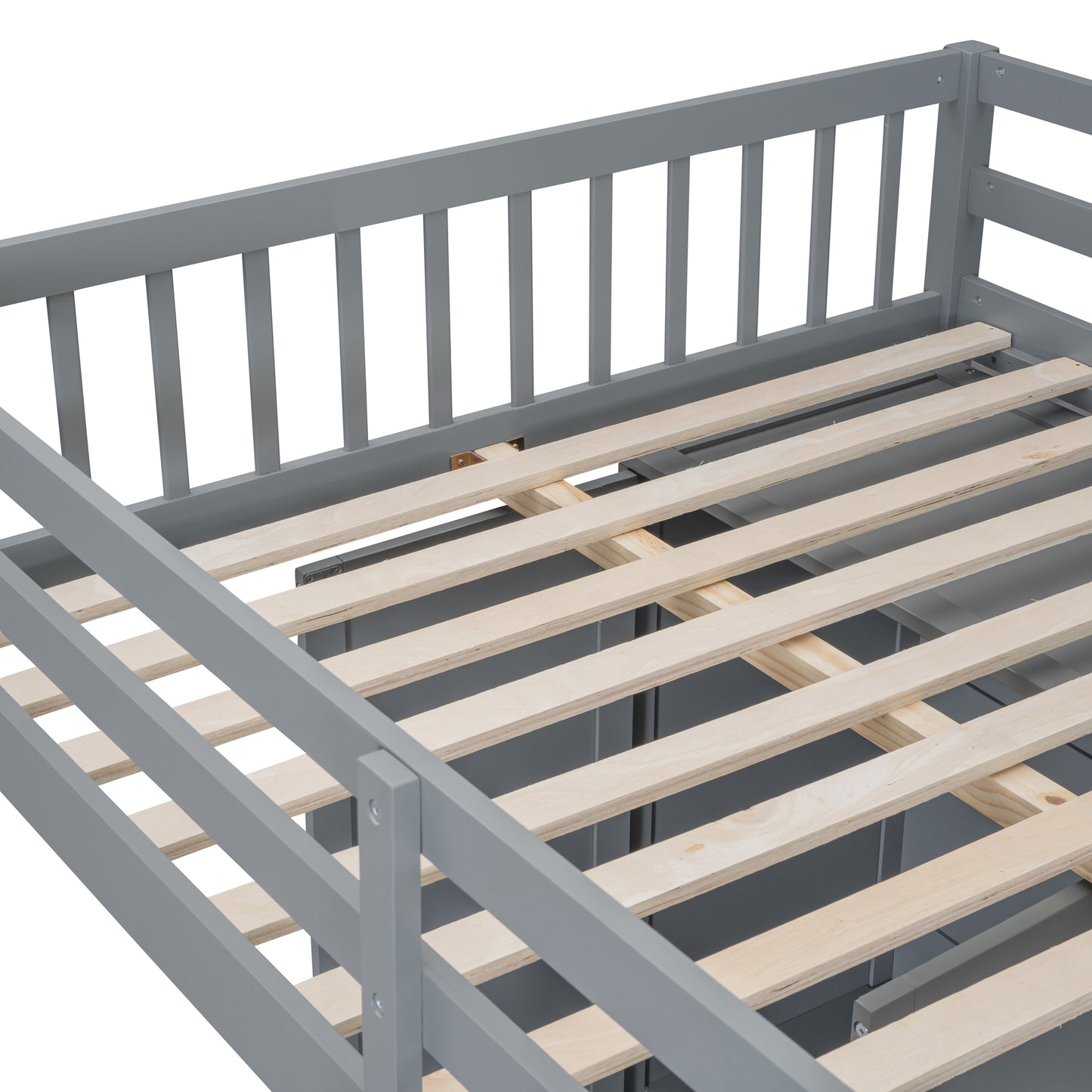 Gray wooden daybed frame showing slatted mattress support and side rails