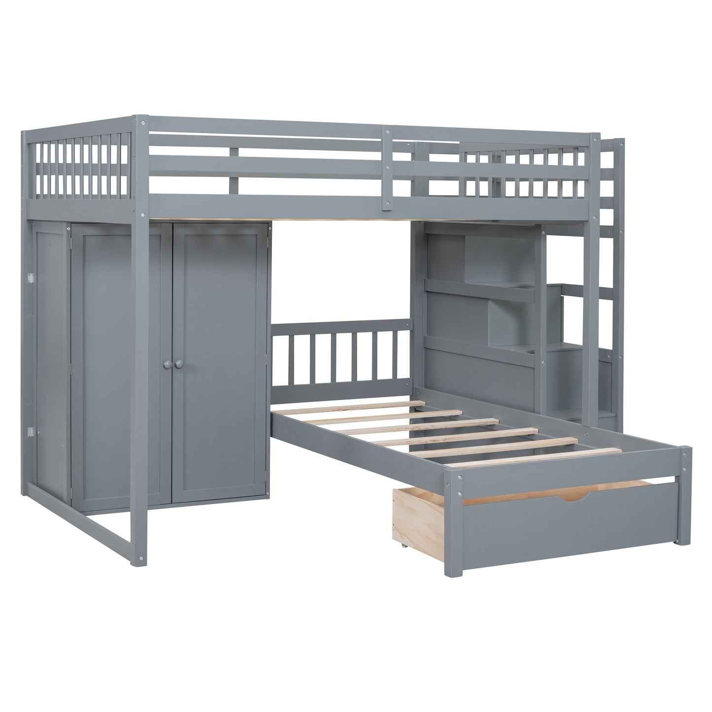 Gray loft bed with integrated wardrobe and desk