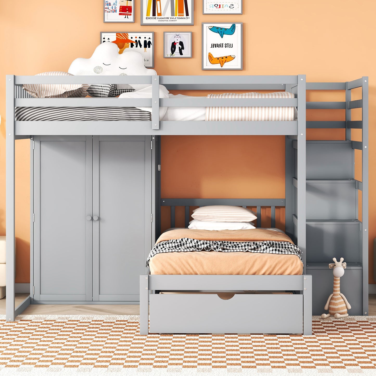 Gray wooden loft bed with builtin wardrobe and stairs