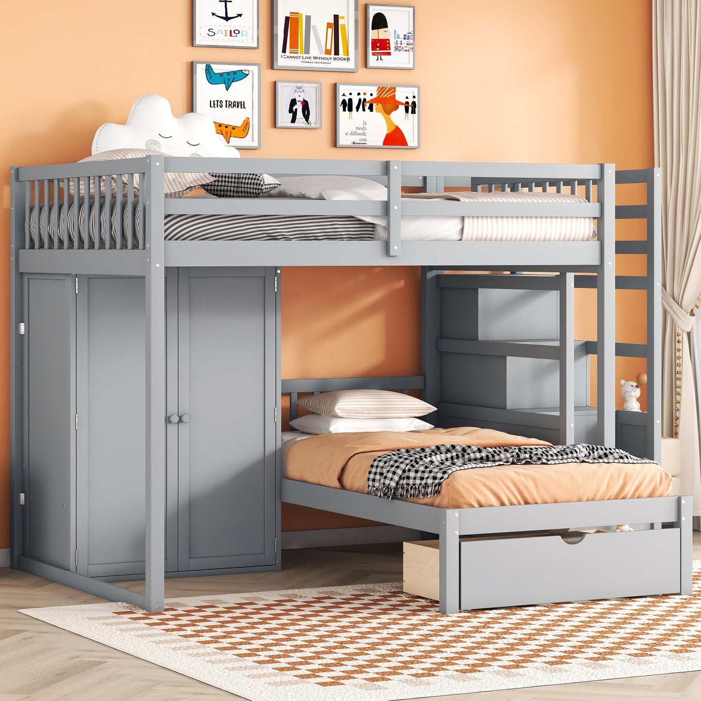 Gray twin over twin bunk bed with attached wardrobe and drawers
