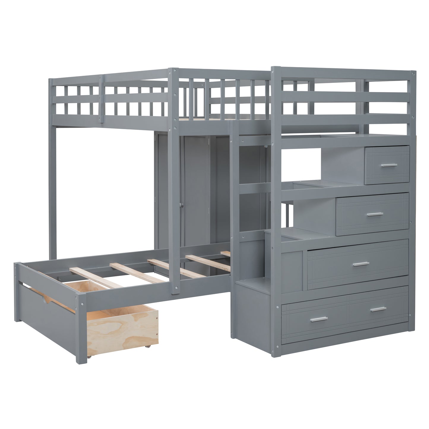 Gray wooden loft bed with stairs and storage drawers