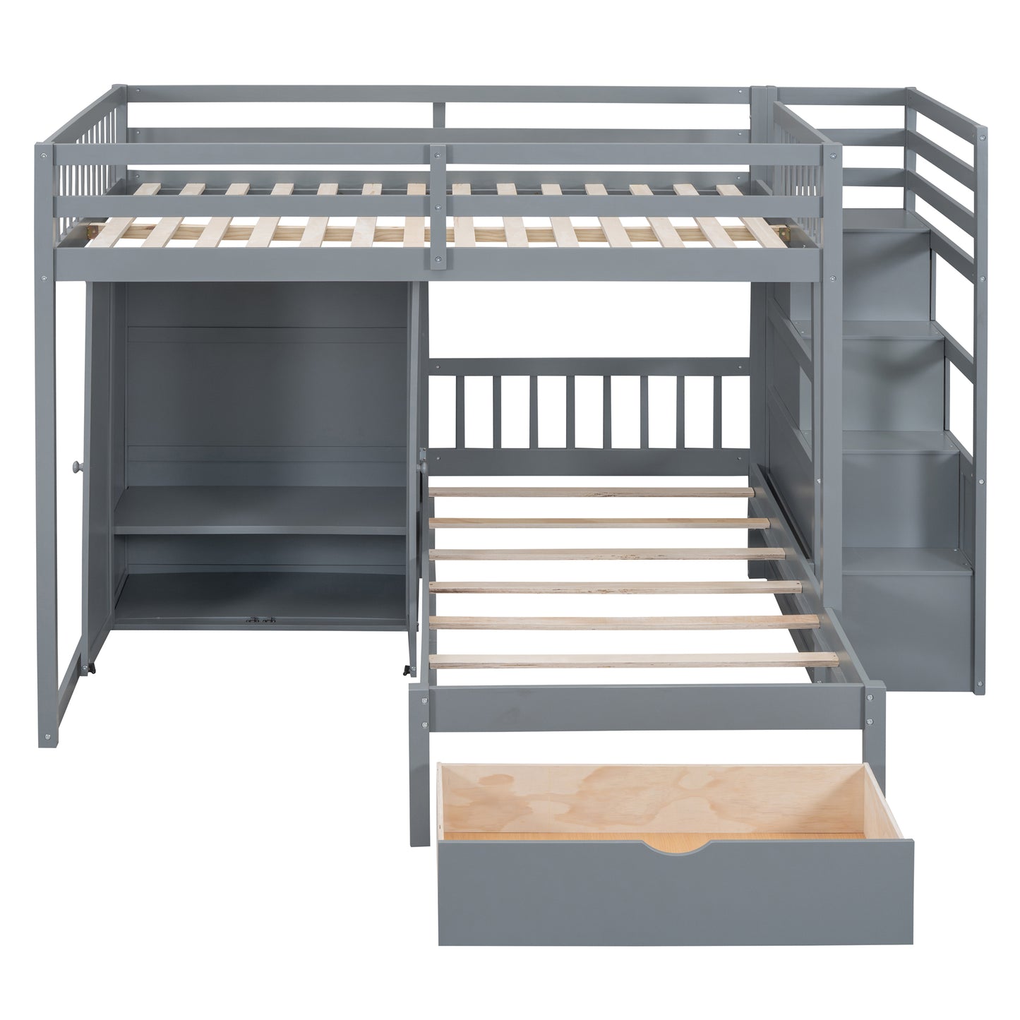 Gray Lshaped bunk bed with stairs and storage drawer