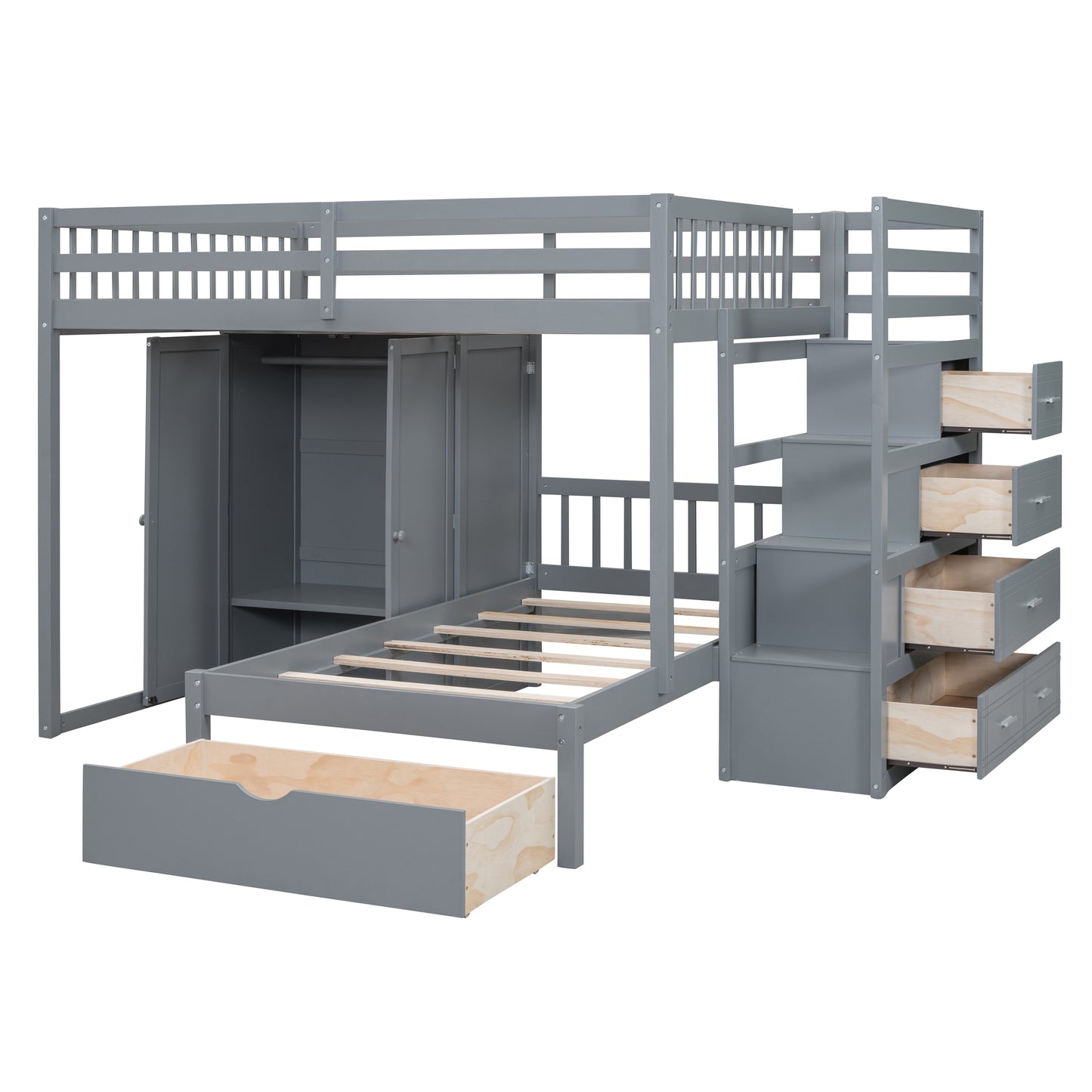 Gray loft bed with integrated wardrobe and drawer stairs