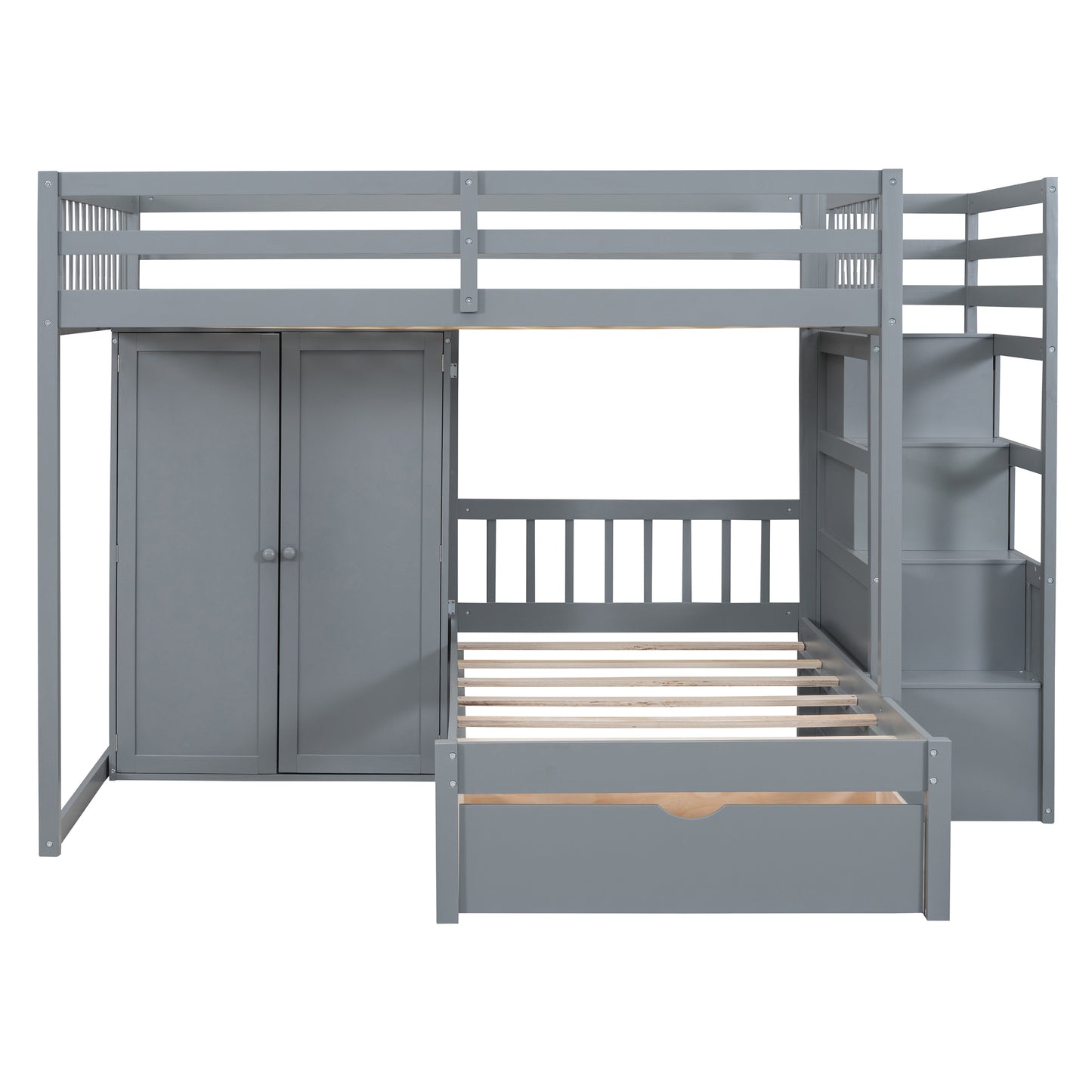 Gray loft bed with stairs and builtin closet
