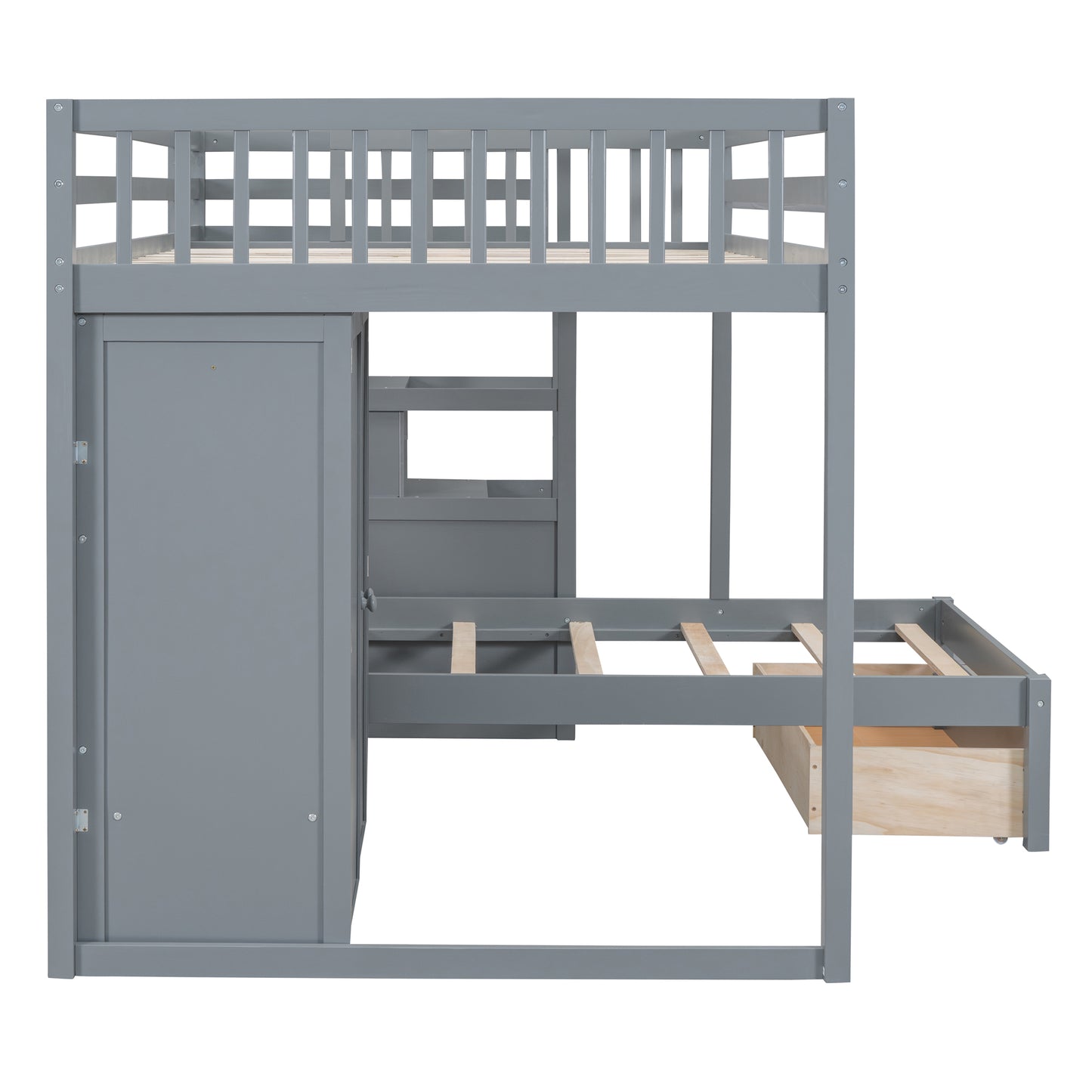 Gray loft bed with integrated wardrobe and pullout drawer