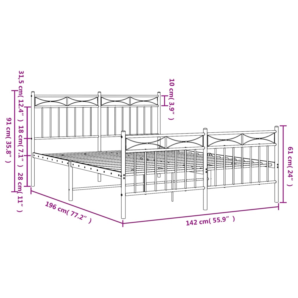 White metal bed frame with decorative headboard and footboard