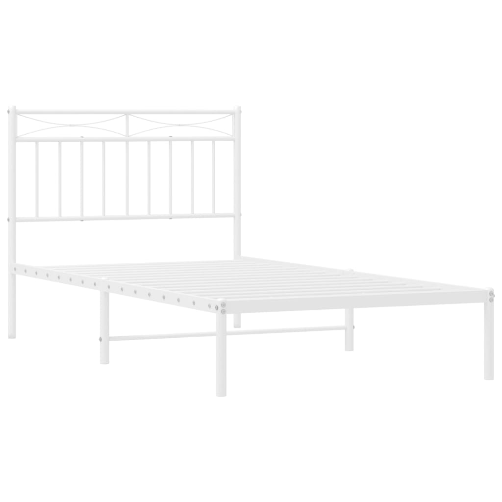 Modern white metal bed frame with a decorative headboard