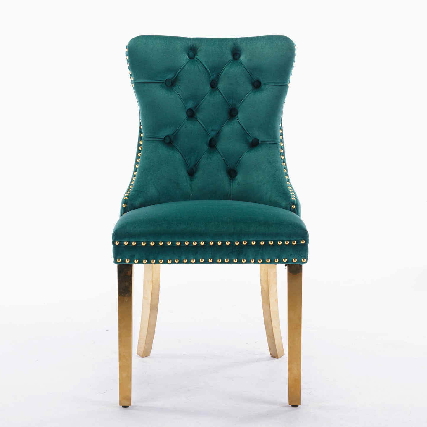 Deep green velvet tufted dining chair with gold nailhead trim and polished gold legs
