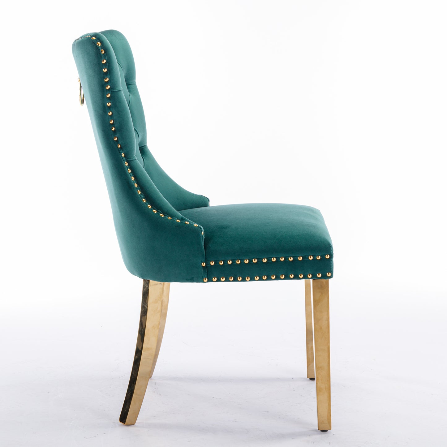 Emerald green velvet accent chair with tufted back and gold legs