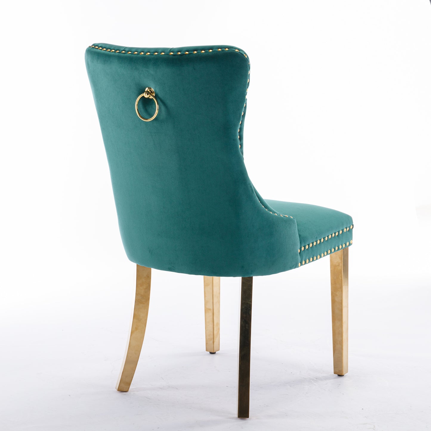 Teal velvet dining chair with gold ring pull and brass legs
