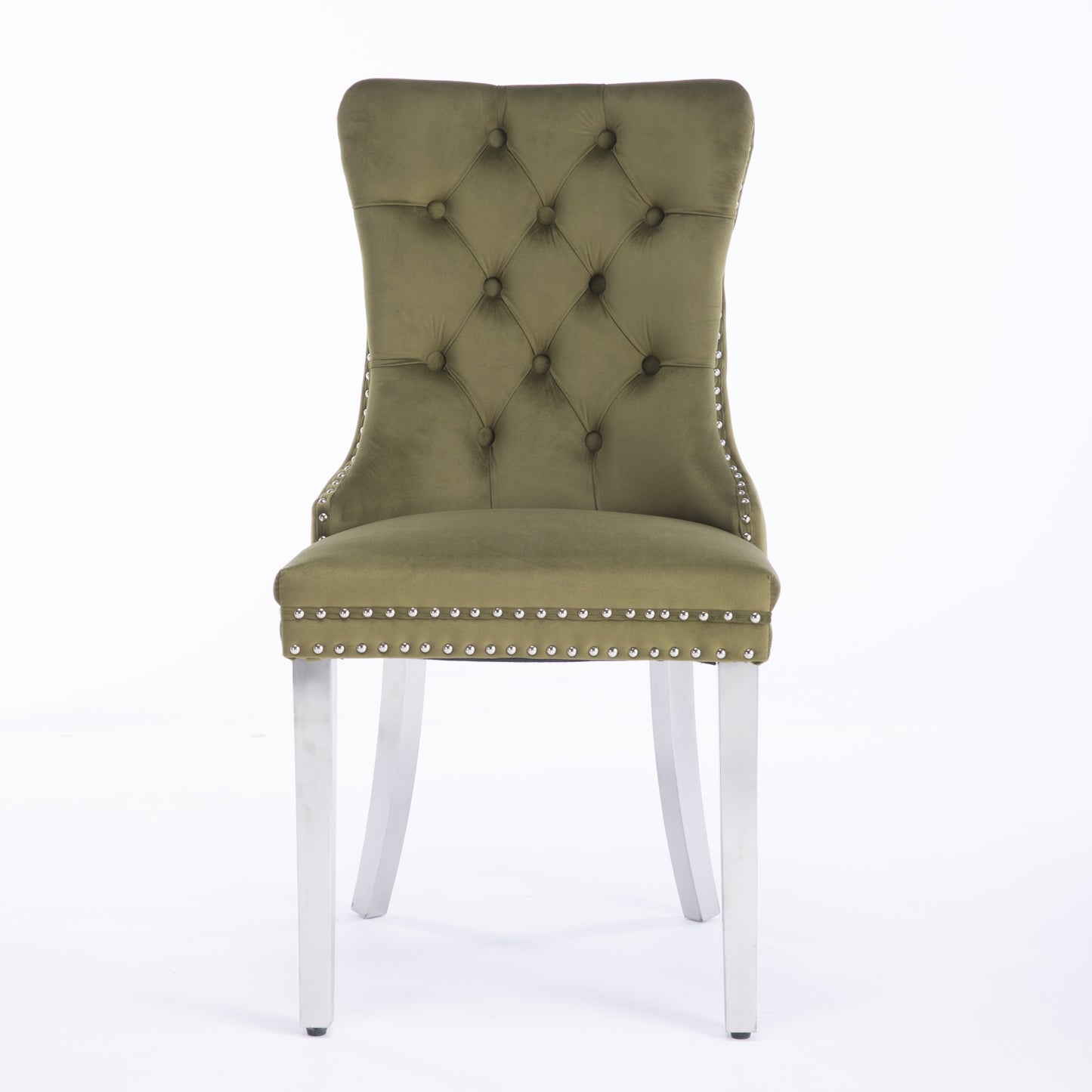 Olive green velvet dining chair with tufted back and silver nailhead trim