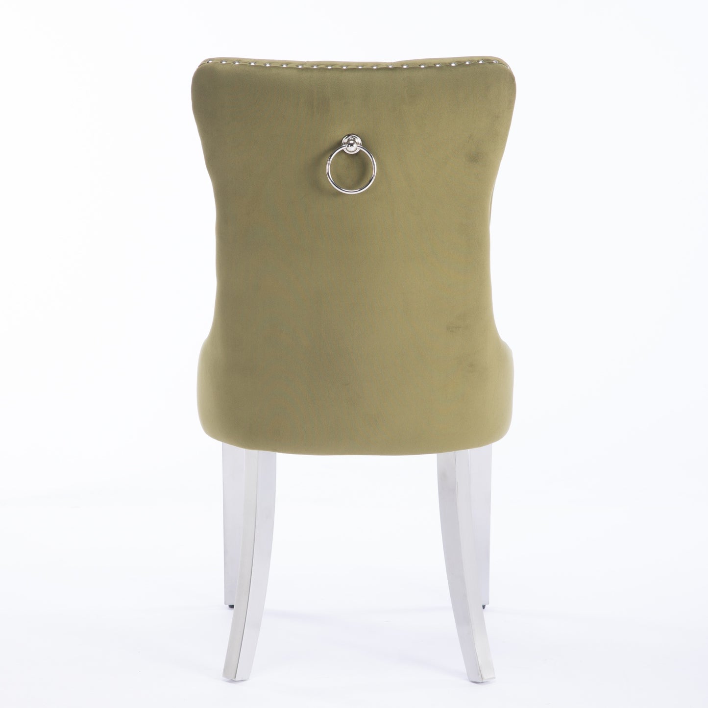 Olive green upholstered dining chair with silver ring pull and nailhead trim